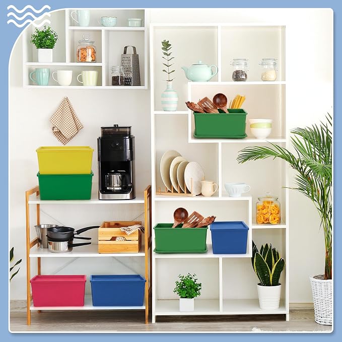 6 Pcs Storage Bins with Lids Small Plastic Storage Containers Stackable Storing Baskets Box Cute Organizer Bins for Organizing Shelves (Colorful)