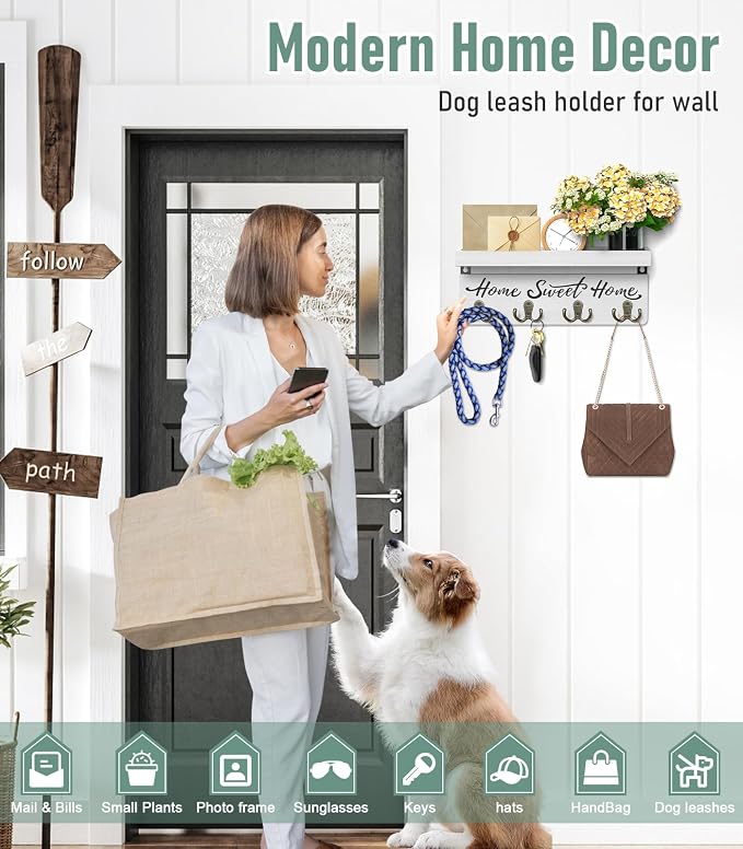 buways Key Holder Wall Mount with 8 Rustic Hooks and Cozy Home Sign(White) | Solid Wood,lots of colors, Floating Shelf for Keys, Mail, and Daily Essentials in Entryways, Hallways or Home Decor