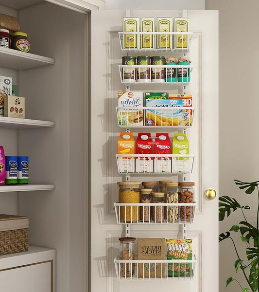 Mefirt 12 Inch Wide Narrow Over The Door Pantry Organizer 6-Tier White | Pantry Hanging Organizers and Storage, Adjustable Heavy-Duty Metal for Home & Kitchen, Back of Door Seasoning Rack
