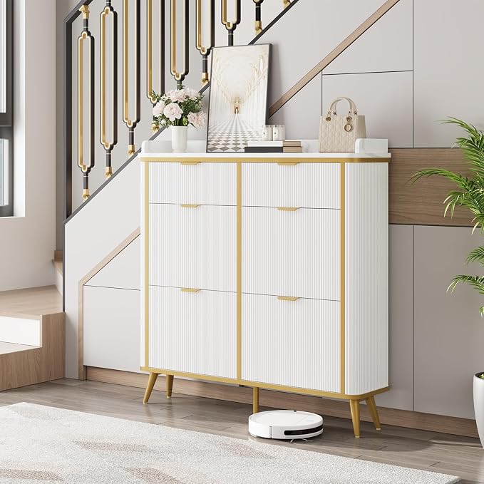 Fluted Shoe Storage Cabinet with 4 Flip Drawers & 2 Drawers, Freestanding Hidden Shoe Organizer with Adjustable Shelves, Wood Narrow Shoe Rack Cabinet for Entryway, Hallway, Foyer, White