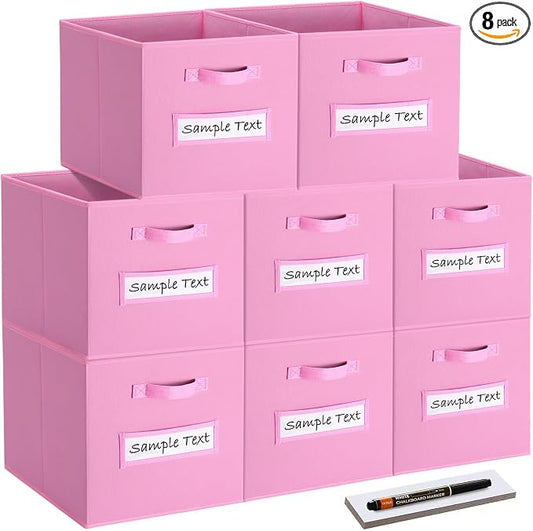 Fabric storage cubes (8 Pack) 13 Inch Cube Storage Bin, cube organizer bins with 8 Labels Window Cards & a Pen, Foldable cube organizer bins and Storage Box, Light Pink