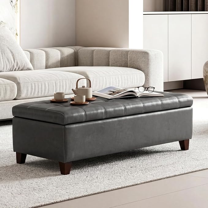 Ottoman with Storage 51 Inch End of Bed Storage Ottoman Bench | Faux Leather Upholstered Ottomans with Hinged Lid, Rectangle Long Foot Rest Bench for Entryway Living Room Bedroom Gray