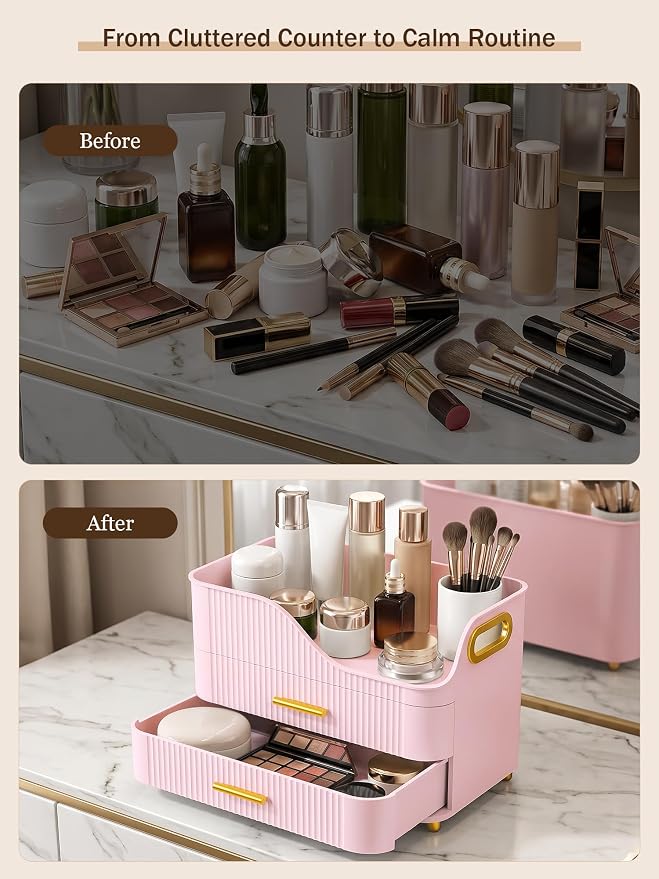 Booklov Large Makeup Organizer for Vanity, Bathroom Countertop, Pink | Plastic Cosmetic Display Case with Drawers, Beauty Brush Holder for Dresser Counter Skincare Eyeshadow Lipstick Storage