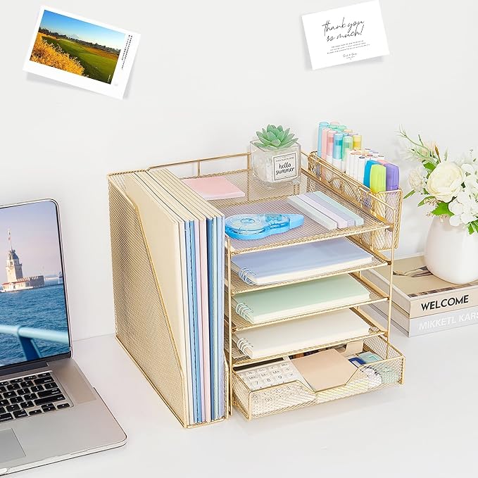 Desk Organizers and Accessories, 5-Tier Paper Letter Tray Organizer with File Holder, Drawer & Pen Holder, Office Desk Accessories, Desktop Organizer for Classroom Office Supplies, Gold