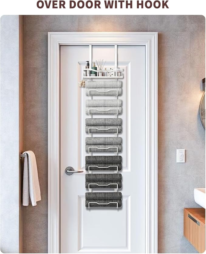 Aetyord Hanging Towel Racks for Bathroom Storage | 6-Tier Over The Door Bath Towel Storage Organizer with Metal Shelf Basket for Small Bathrooms RV Camper White