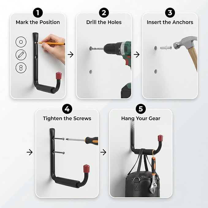 CBWLWJ 6 Pack Garage Hooks Heavy Duty, Multi Functional J Hooks, 9.48 inch Anti Slip Ladder Hooks for Bikes, Chairs, Garden Tools and More.