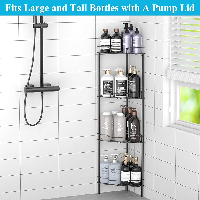 HuggieGems 4 Tier Floor Standing Corner Shower Caddy Organizer Shelf with Hooks, Bathroom Shelves Stand Rack, Matt Black