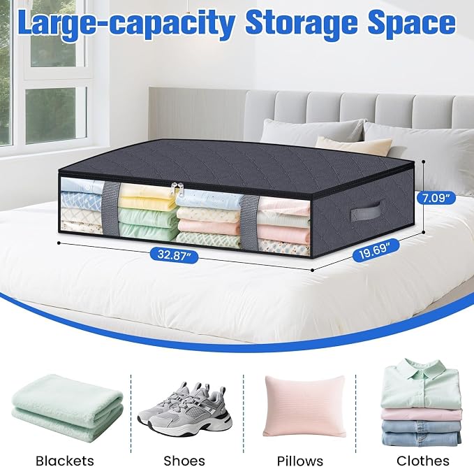 TasticTotes Under Bed Storage Containers, 6 Pack Blanket Storage Bags, Collapsible Storage Bags with Big Zippers, Clear Front, Shoe Storage and Organization for Clothes, Comforter, 75L, Grey