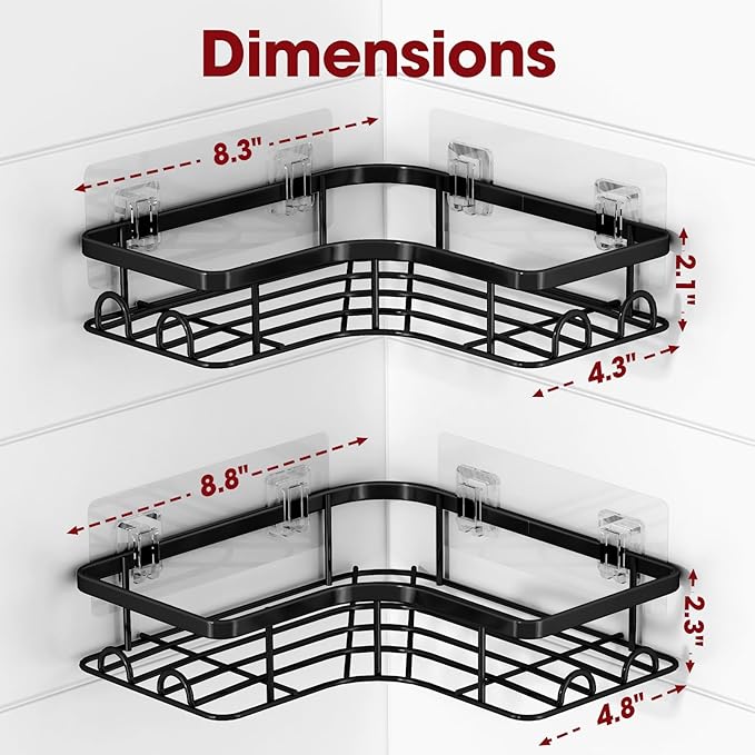 Sakugi Corner Shower Caddy - 2 Pack, Adhesive Shower Organizers, Rustproof Stainless Steel Shower Shelves with 8 Hooks, No Drilling Bathroom Organizers and Storage Racks, Space-Saving, Black, Large