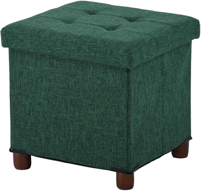 15 Inches Storage Ottoman with Wooden Legs, Cube Foot Rest Stool/Square Footstool Storage for Living Room, Foldable Fabric Ottoman, Comfortable Seat with Lid, Space-Saving Green
