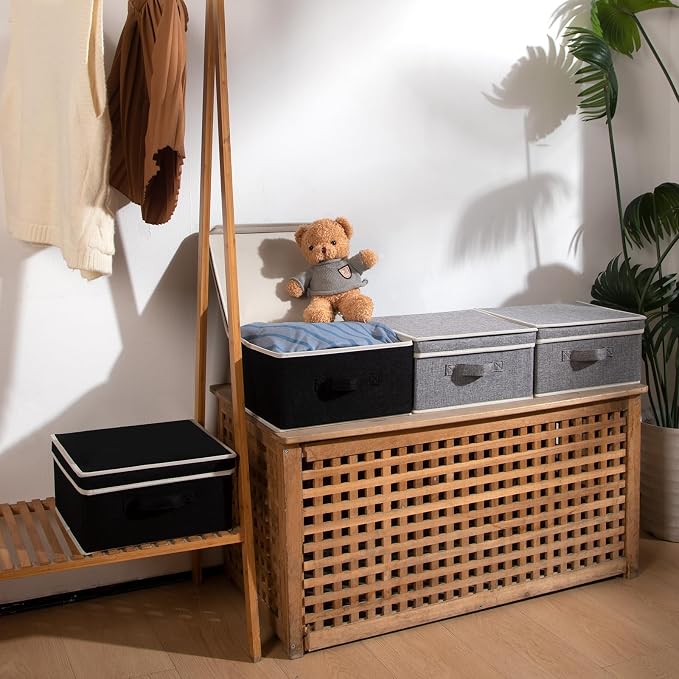 Storage Bins with Lid, Foldable Clothing Storage Box case with Handle for Closet, Bedroom, Home, Gray+Black, 13L x 12.5W x 7H inch