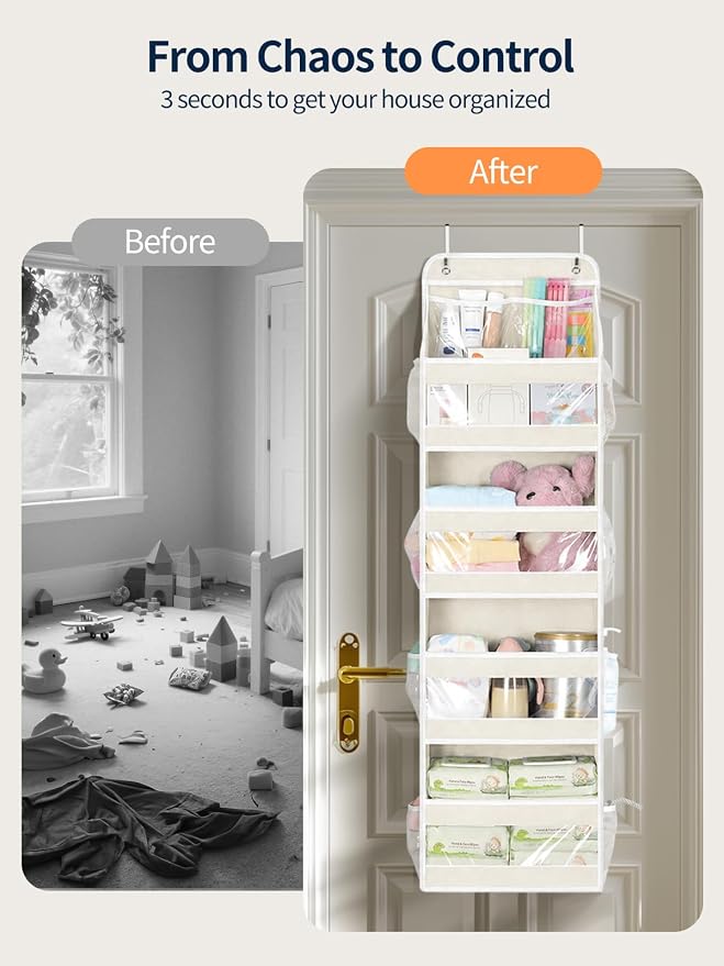 Yecaye 5 Tier Over the Door Organizer, Swing-proof Door Organizer Hanging with Clear PVC Windows, Behind the Door Storage for Bedroom Nursery Closet Laundry Pantry Bathroom, Cream White