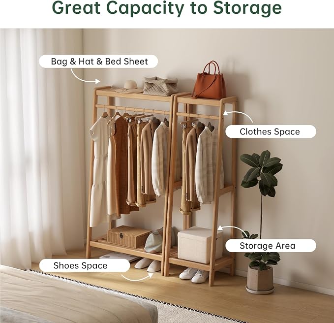 Solid Wood Clothes Rack, Clothing Rack with Shelves for Bedroom, Living Room, Entryway, 16" x 20" x 63", Oak Wood, Natural