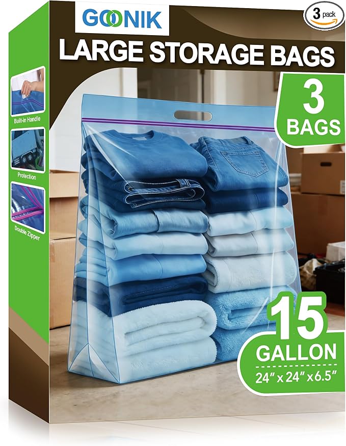 GOONIK 15 Gallon Large Storage Bags with Zipper and Handle for Clothes Pillow Travel Moving, Large, 24” x 24”, Blue, Pack of 3