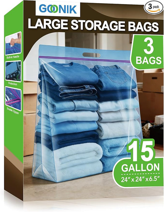 GOONIK 15 Gallon Large Storage Bags with Zipper and Handle for Clothes Pillow Travel Moving, Large, 24” x 24”, Blue, Pack of 3