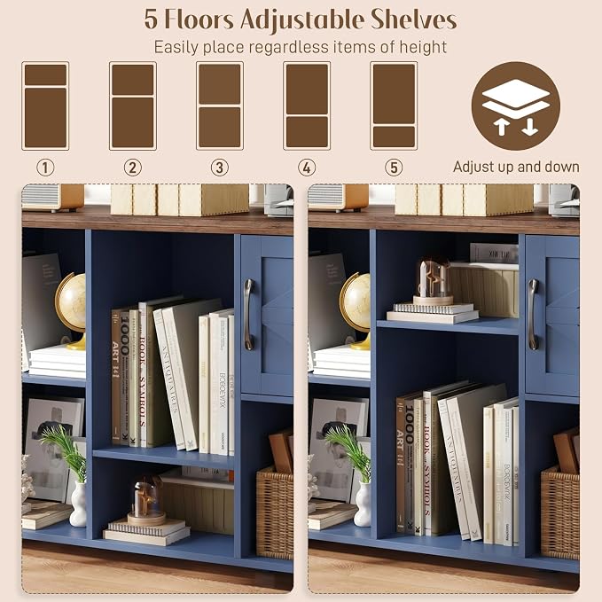 Vabches Wooden Toy Storage Organizer for Kids, Farmhouse Book & Toy Organizer with 6 Open Shelving & 2 Doors, 8-Cube Toy Shelf for Kids’ Room, Playroom & Classroom, Blue and Brown