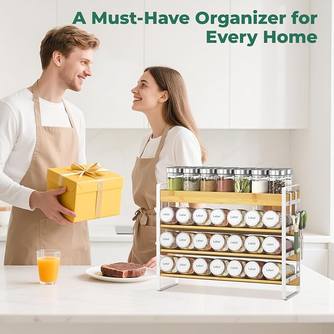 EsLuker.ly Spice Seasoning Rack Organizer Kitchen Countertop, 4 Tier Bamboo | Shelf Holder Storage with 4 Hooks, Wall Mounted Freestanding Stand for Pantry, Quick Spice Access(Jars Not Included), White