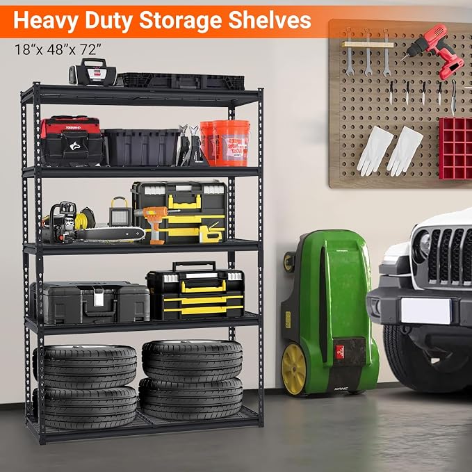 Garage Storage Shelves 5 Tiers, Heavy Duty Storage Shelving Racks with 2500 LBS Capacity, 48 in L x 18 in W x 72 in H Metal Adjustable Utility Shelving Unit for Garage Organization, Basement, Workshop
