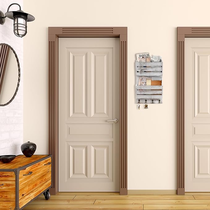 Mail Organizer Wall Mount with 4 Key Hooks, Rustic Wooden Hanging Mail Sorter Farmhouse Key Holder for Wall Decoration, 2-Slot Wall File and Magazines Bill Letter Holder