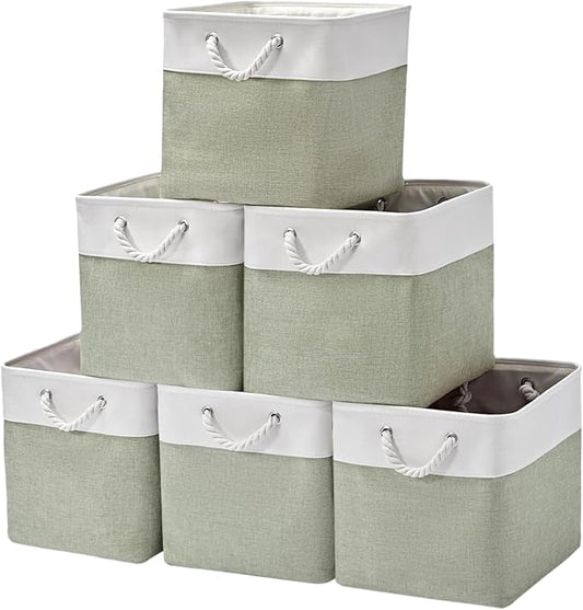 13 Inch 6 Pack Foldable Fabric Storage Basket with Handles | Home Cube Storage Basket,Large Cube Storage Bins,Closet Storage, Home Organizer(White&Green)