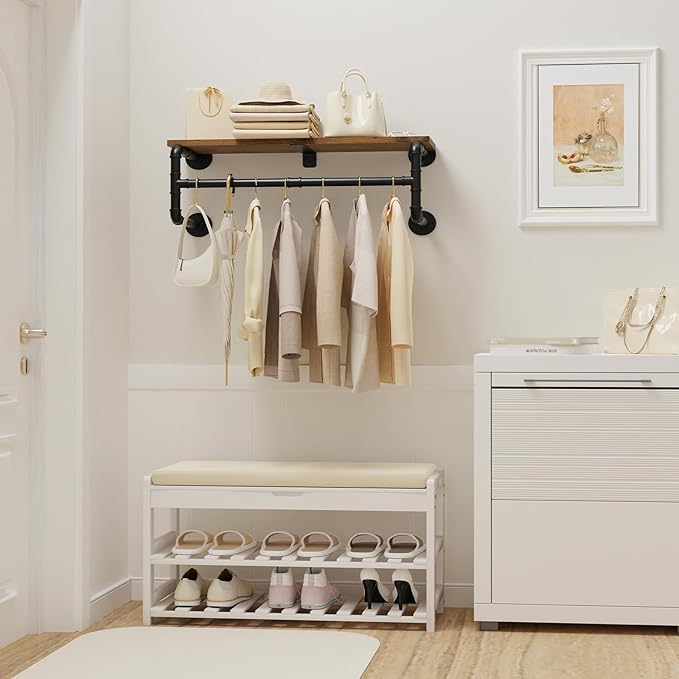 Yawinhe Industrial Pipe Clothing Rack with Shelves,Closet Rod,Rustic Brown | Heavy Duty Detachable Multi Purpose Hanging Rod ;Wall Mounted Rod;Clothing Garment Rail for Homes;Saving Space Clothes Bar
