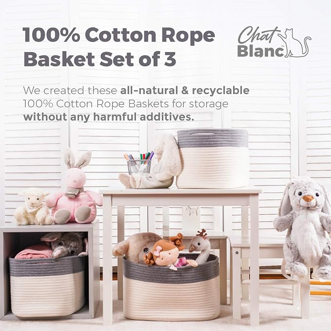 CHAT BLANC Cotton Rope Baskets for Organizing, Shelves, Toys, Storage, Shoe, Bathroom, Laundry, Towel, Nursery, Home Decor, Blanket, Cloth Woven Bins Fabric (Dark Gray & Creamy White7, 15"x10"x9")