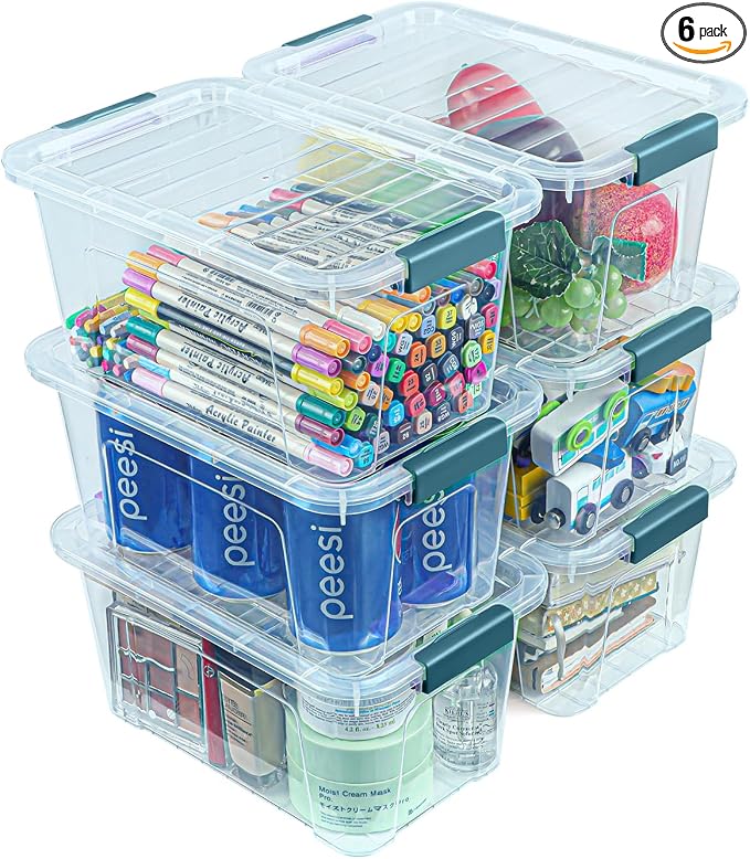 Storage Bins with Lids 6 Pack Clear Storage Containers, 7 Quart Stackable Plastic Containers with Secure Buckle Latch, Durable Storage Box Organizer for Pantry, Closet, Office & Classroom, Blue