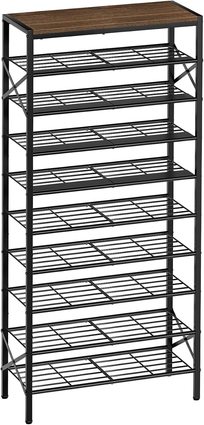 10 Tier Metal Shoe Rack with Wood Top, 30-40 Pairs Rustic Brown | 65.4in tall for max capacity. 3 iron sheets secure heels. Removable shelf for boots. Top displays decor.