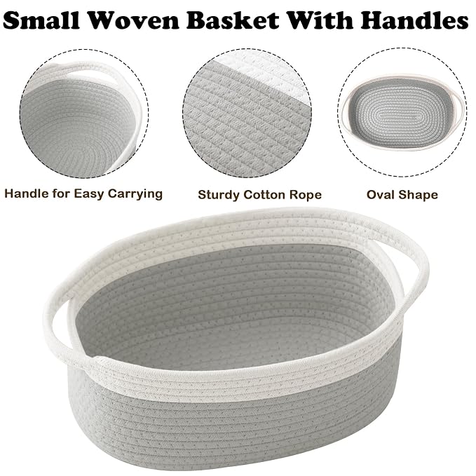 3PC Woven Rope Basket - Baby Gift Basket with Bag & Ribbon | Cotton rope with handle, 12 x 8 x 5 in, gift bag and ribbon, for baby shower, birthday, toy storage, nursery, shelf decor