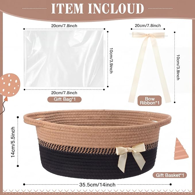 Colingmill 1 Set Woven Empty Basket for Gift,Black Brown | with Cellophane Wrap Set, 14 x 10 x 5.5 Inch, Medium Decorative Gift Basket, Cotton Rope Storage Box, Home Decor