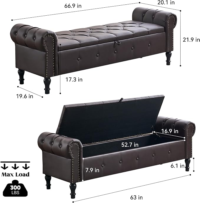 Storage Bench 67" Faux Leather End of Bed Benches Dark Brown | King Size Storage Bench for Bedroom with Rolled Arms Tufted Ottoman Benches Upholstered Bench for Living Room Entryway
