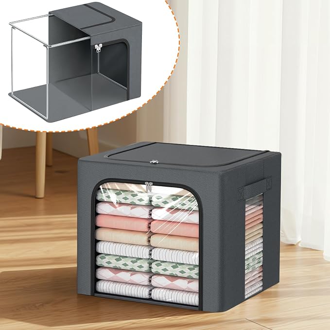 8 Pack Clothes Storage Bins with Metal Frame,Stackable Organizer Bins with Handles for Closet & Bedroom(Light Grey)