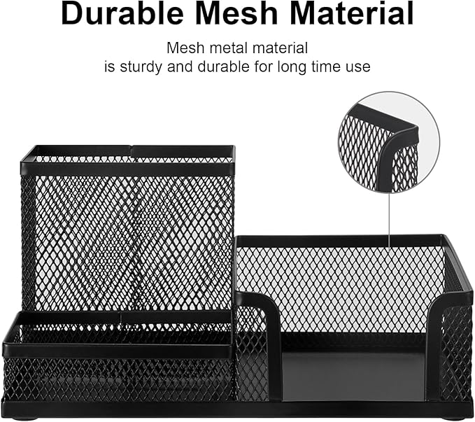 Comix Mesh Pen Holder, Desk Organizer for Home Office, Black | 3 Compartment Pencil Holder, Sticky Notes Holder, Pen Organizer Office Supplies