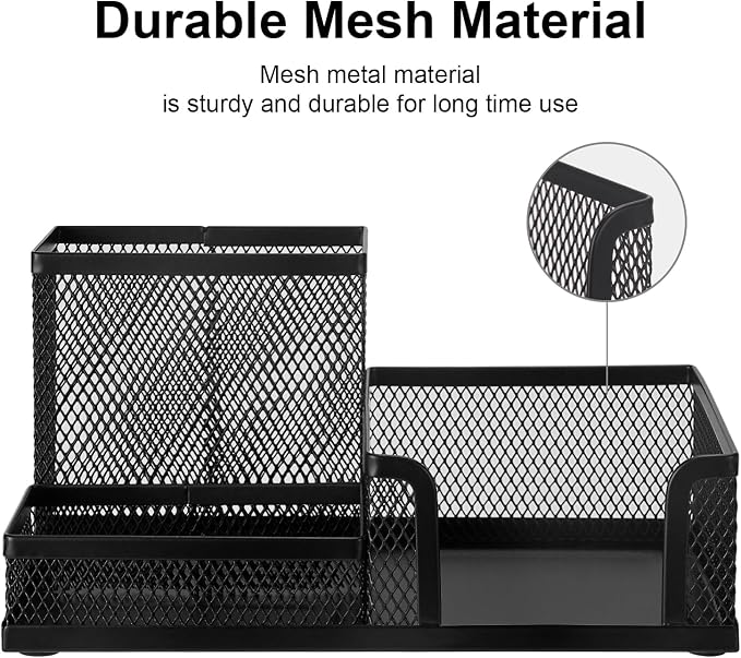 Comix 2 Packs Mesh Pen Holder, Desk Organizer for Home Office, Black | 3 Compartment Pencil Holder, Sticky Notes Holder, Pen Organizer Office Supplies