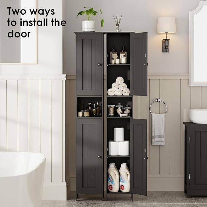 Homleke Tall Bathroom Storage Cabinet with 2 Doors, Slim Bathroom Cabinet | Narrow Storage Cabinet with Adjustable Shelves, Anti-Tip Design, Reversible Door, Easy Assembly, Black, 11.8''W