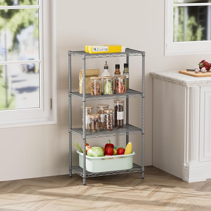 SINGAYE 4 Metal Shelves Wire Shelving Storage Shelf Adjustable Unit Pantry | 4 Tier Kitchen Laundry Room Organization Home Pantry Closet Bathroom Organizers Garage Rack 14" D x 24" W x 48" H Gray