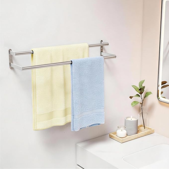 KLJKPA Double Towel Bar, Towel Holder for Bathroom, Brushed Nickel | Towel Rack for Bathroom Wall Mounted, Stainless Steel Double Bath Towel Bar
