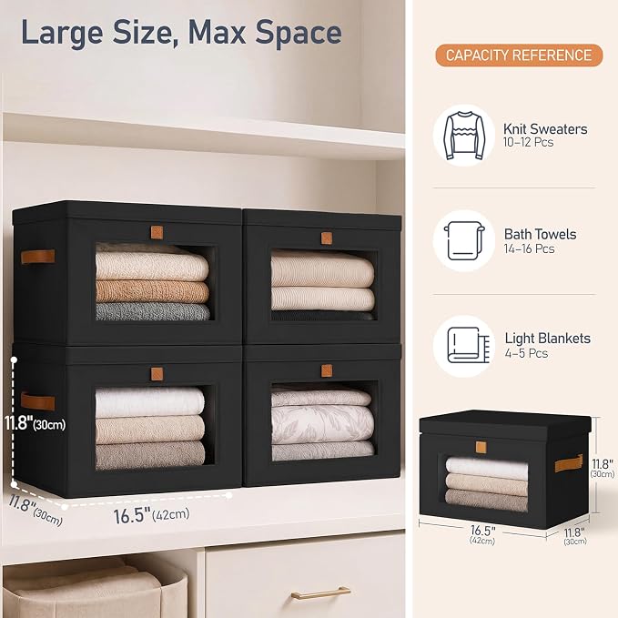 DIMJ Storage Bins with Lids - 5 Pack Front Opening Stackable Fabric Storage Boxes with Clear Window & Handles, Collapsible Closet Organizers for Clothes, Sweaters, Shelf Storage, Bedroom, Black