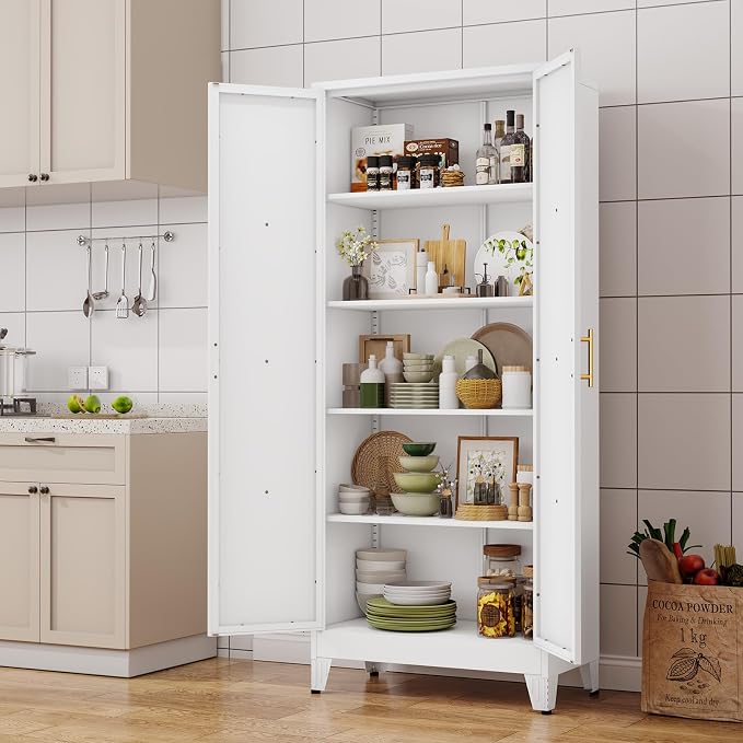 71" H Metal Kitchen Pantry Storage Cabinet, Freestanding Cupboard with 2 Doors and 4 Adjustable Shelves, Standing Storage for Kitchen, Bathroom, Garage, Dinning Room or Utility Room（White）