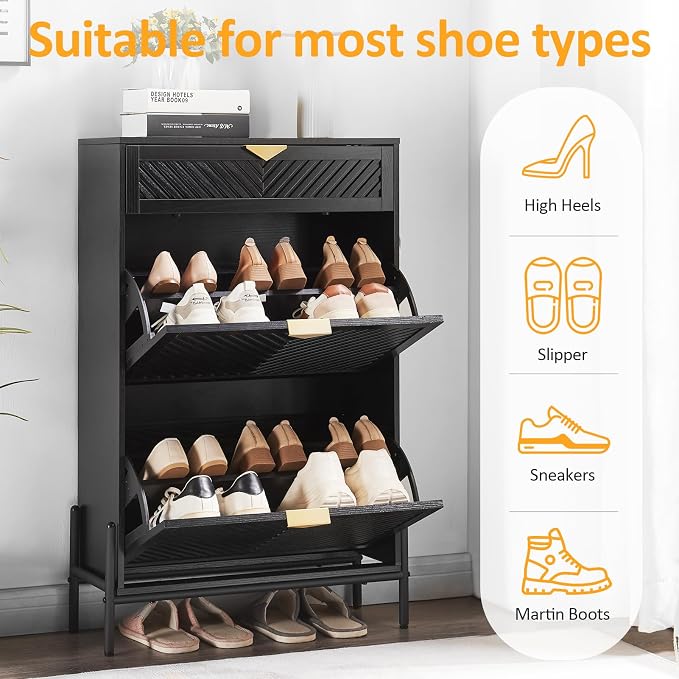 Shoe Cabinet with 2 Flip Drawers, Narrow Entryway Rack, Black | Slanted Wood Grain, Freestanding, Adjustable Compartments, Removable Middle Shelf, Metal Handles, for Hallway Foyer Entrance