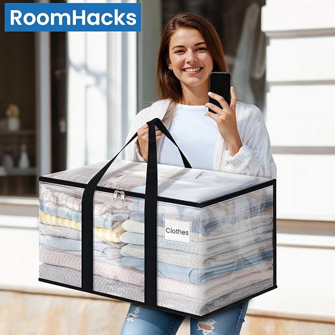 RoomHacks Clear Heavy Duty Extra Large Moving Bags, Reinforced Handle & Double Zipper, Storage Bags Alternative to Moving Box (10 Packs)