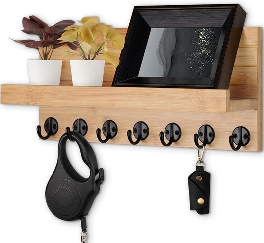 Lwenki Key Holder Wall Mount, Entryway Key and Mail Holder with 7 Sturdy Hooks for Sunglasses, Dog Leash, Decorative Wall Shelf with Mounting Hardware, 15”W x 6.7”H x 4.2”D