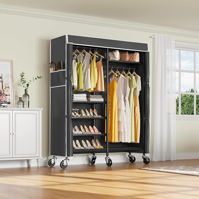 VIPEK R4C Portable Closet Rolling Clothes Rack with Wheels & Zippered Cover | Black Upgraded Fabric Cover, Lockable Wheels, 4 Adjustable Shelves, 2 Hanging Rods, Metal Porable Garment Rack for Bedroom