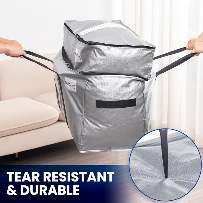 TAILI 2 Tier Extra Large Moving Bags, 4 Pack Silver Heavy Duty Totes For Storage with Visible Window, Wrap Around Handles, Storage Bags for Space Saving, Alternative to Moving Boxes