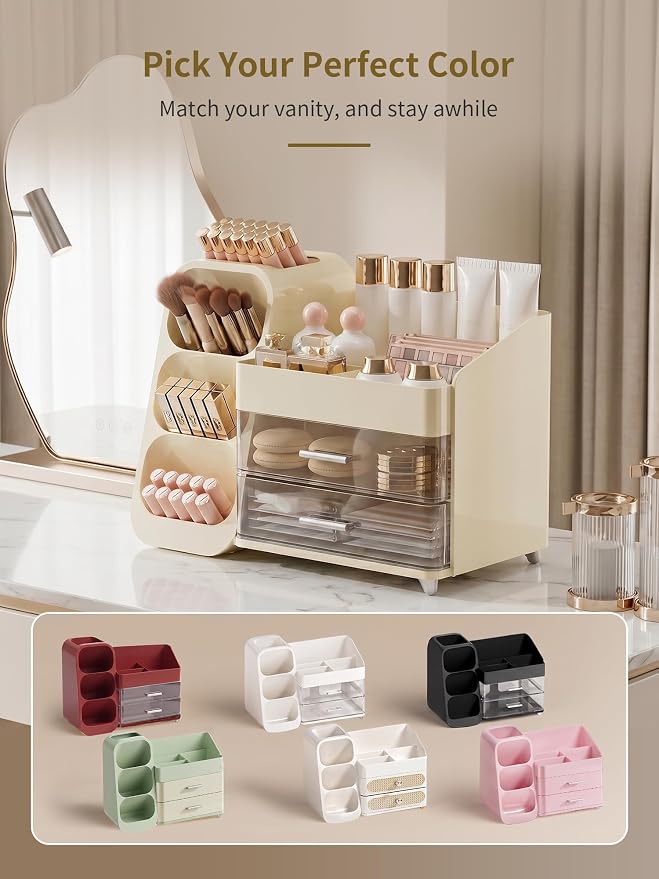 Booklov Large Makeup Organizer for Vanity Countertop, Cream | Clear Acrylic Cosmetic Display Case, Beauty Brush Holder for Bathroom Counter, Make Up Skincare Lipsticks Storage