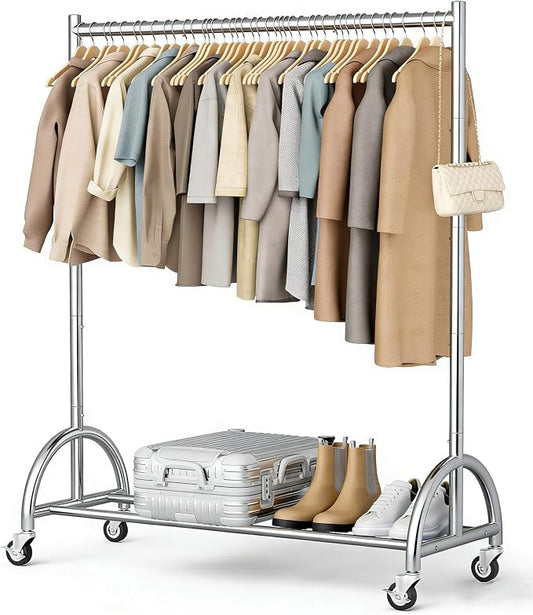MISSLO Heavy Duty Clothing Rack with Wheels Rolling Clothes Racks for Hanging Clothes, Coats, Garment, Dress, Silver