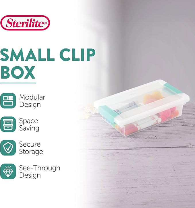 Sterilite Clip Box, Stackable Clear Plastic Bins- Small, 24-Pack | Storage Containers with Latching Lids for Writing, Arts or Crafts Supplies - Home, Office, Classroom & Workshop Organization