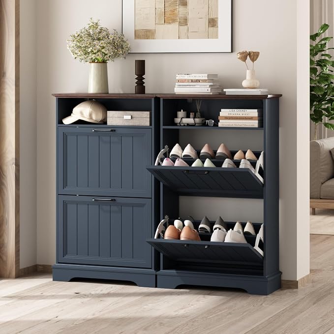 24" W Hidden Shoe Storage Cabinet with 2 Flip Drawers & Open Storage | Farmhouse Modern Shoes Rack Cabinet,Adjustable Shelves, Narrow Slim Shoes Organizer for Entryway,Foyer,Hallway,Navy Blue