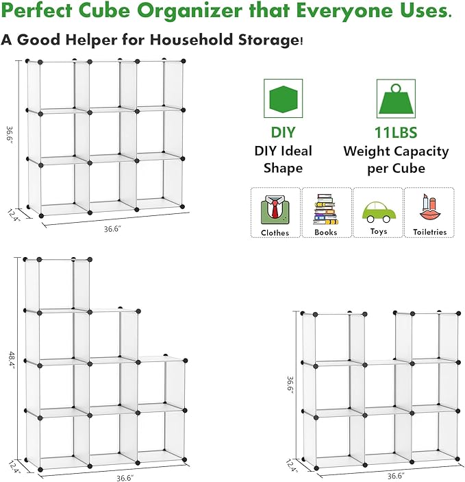 C&AHOME Cube Storage Organizer, 9-Cube Bookcase, Closet Cabinet White | DIY Stackable Bookshelf, Plastic Modular Shelving Units Ideal for Home, Office, Kids Room, 36.6" L x 12.4" W x 48.4" H