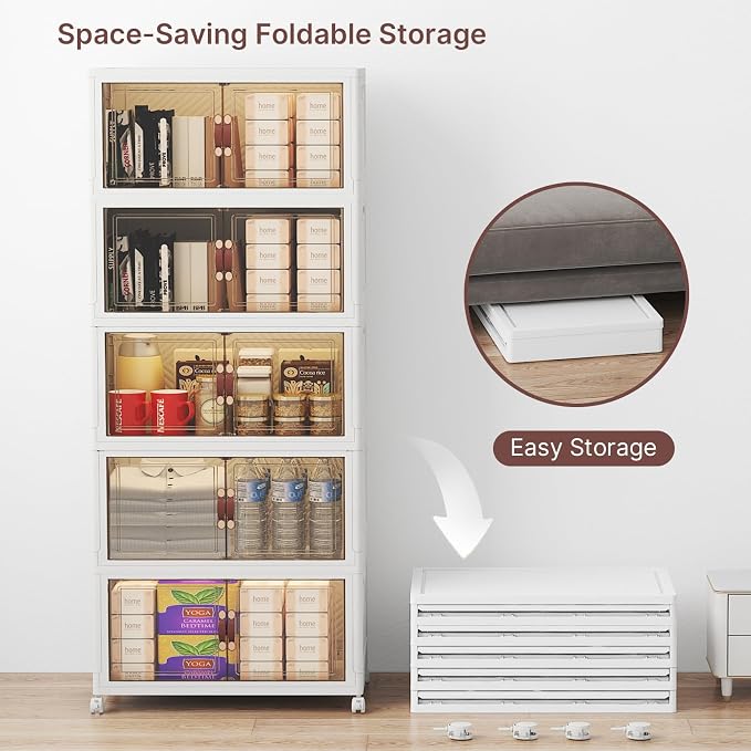UAMFURI Stackable Storage Bins with Lids, 240QT Lockable Storage Cabinet | Closet Organizers, Foldable Storage Box with Doors and Wheels, Plastic Drawers for Home, Garage, Office (5, White, Medium)